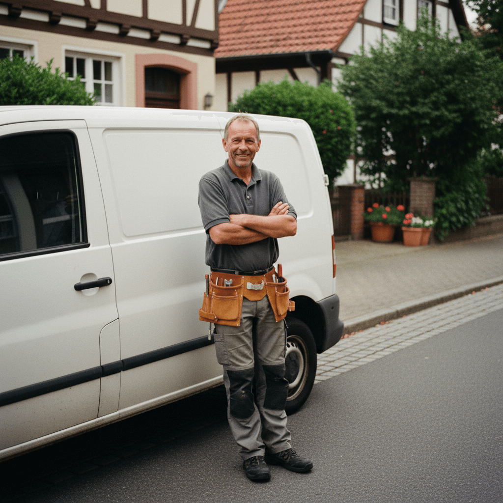 Freundlicher Handwerker steht vor einem Einsatzfahrzeug und lächelt