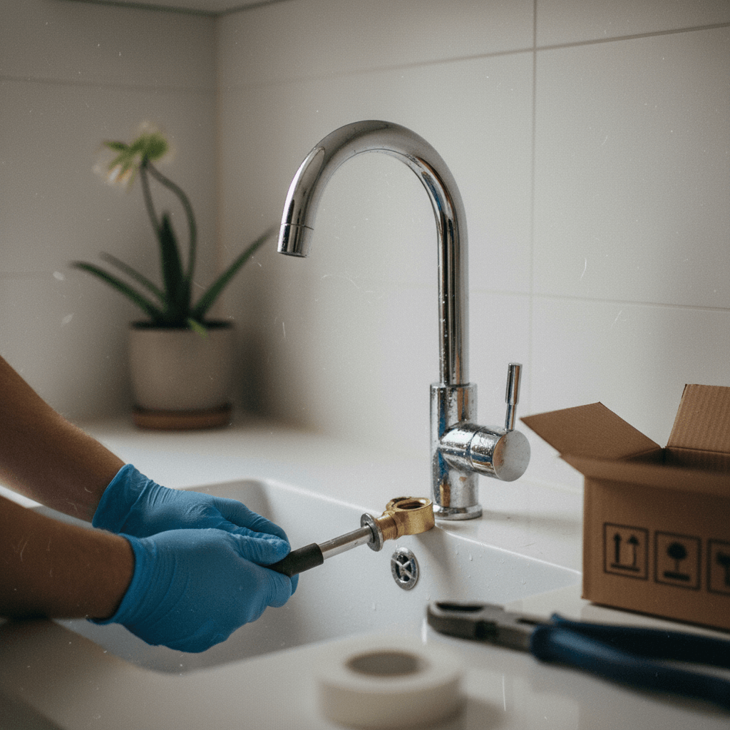 Neuer Wasserhahn wird am Waschbecken montiert