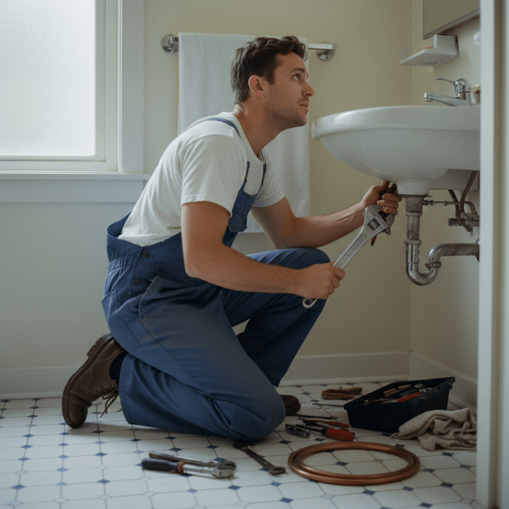 Klempner bei der Arbeit in einem Badezimmer unter einem Waschbecken mit Werkzeug