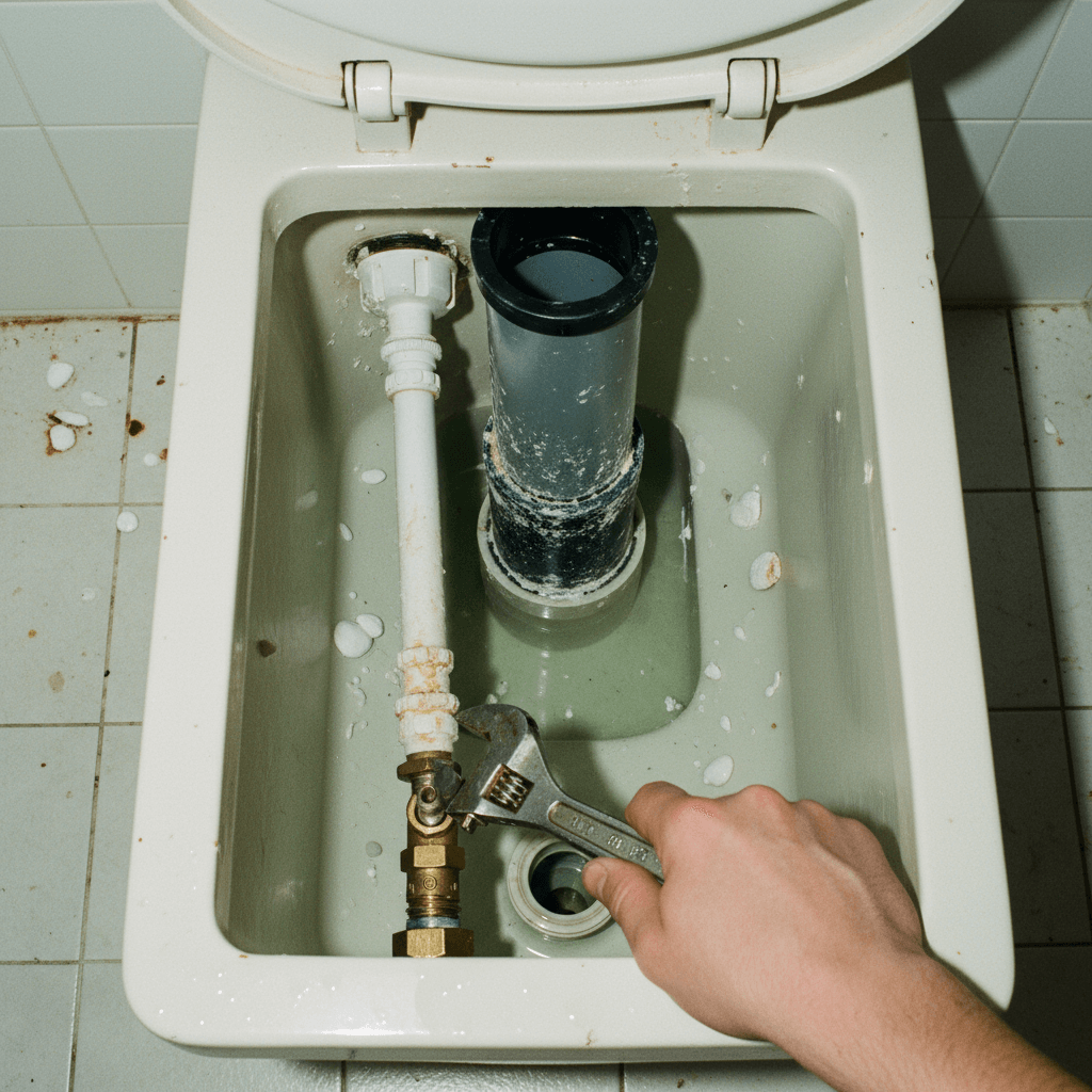 Offener Spülkasten einer Toilette während der Reparatur