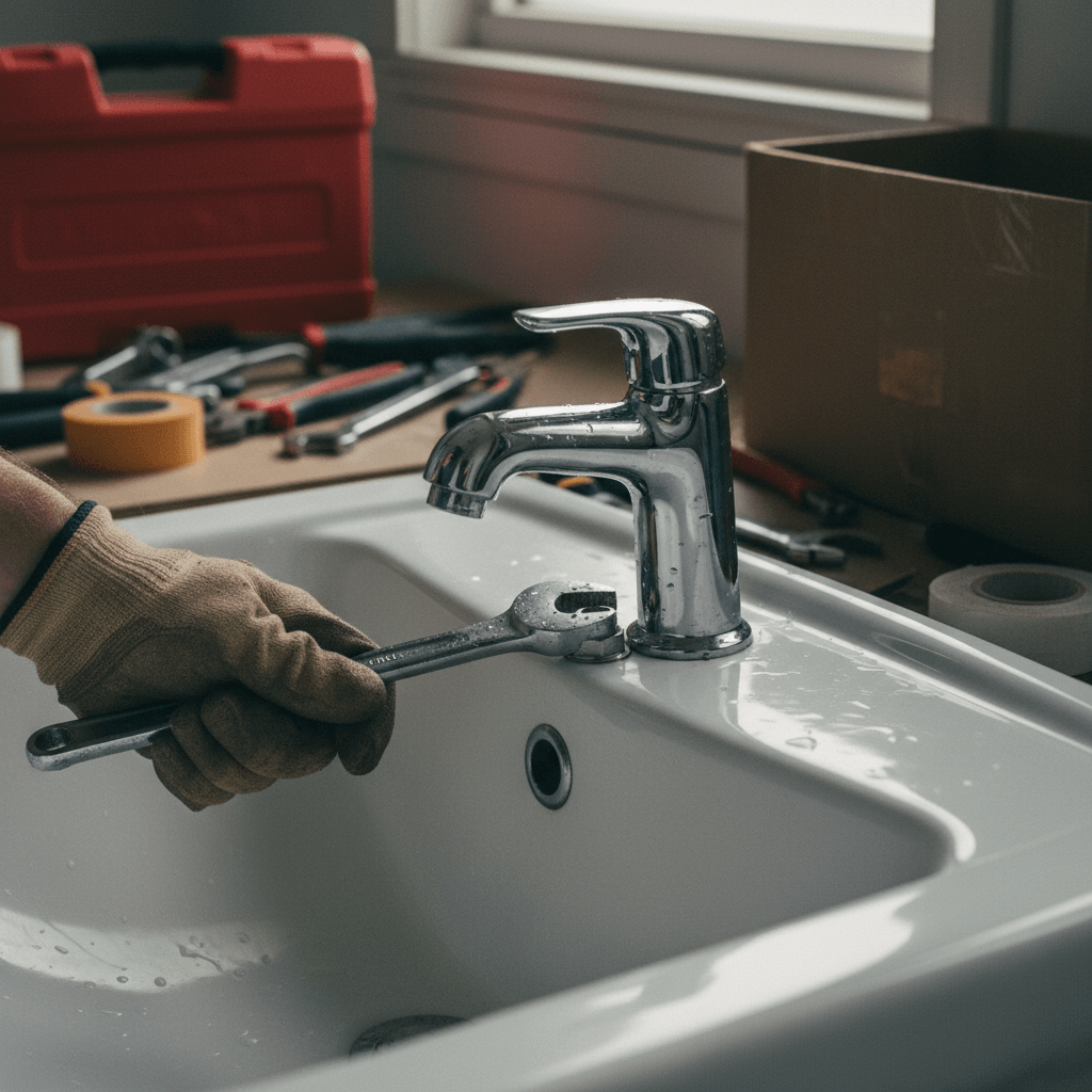Neuer Wasserhahn wird am Waschbecken montiert