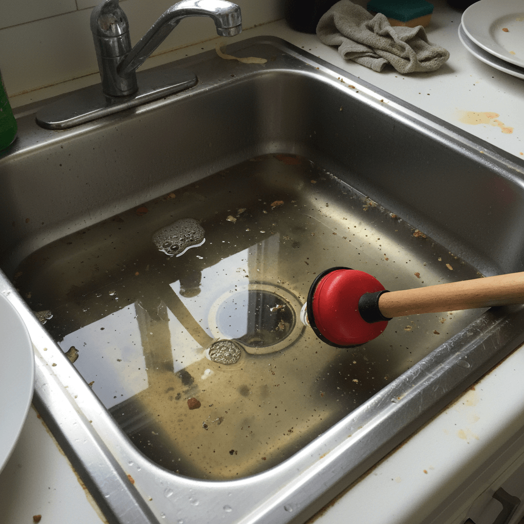 Verstopftes Rohr in einer Küche mit stehendem Wasser im Spülbecken